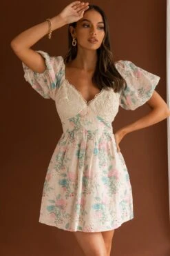 Lovers Lane Lace Trim Puff Sleeve Dress Floral Apricot -Trend Whisper ST2778DM01 20APRICOT 4