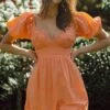 Lovers Lane Lace Trim Puff Sleeve Dress Neon Orange