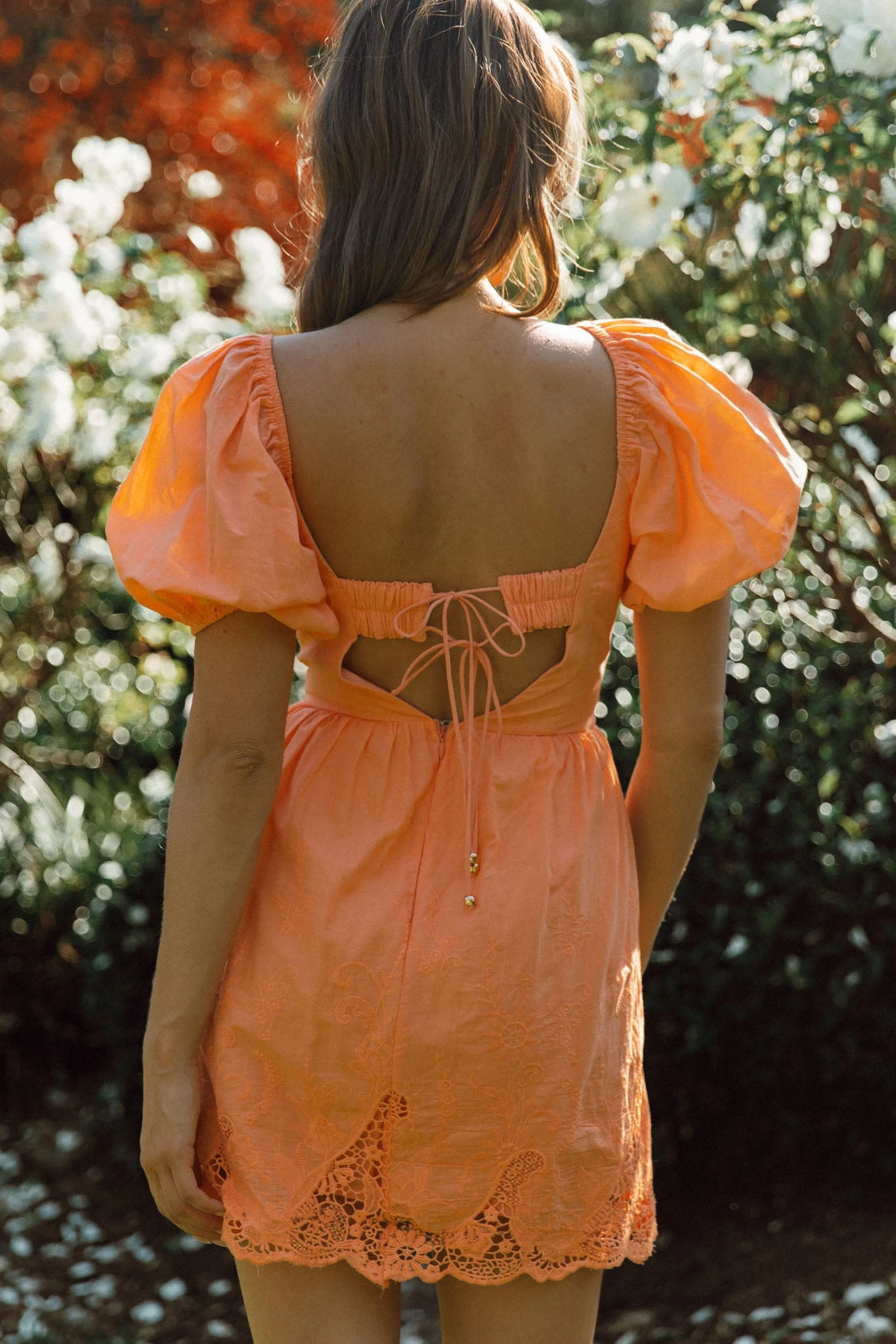 Lovers Lane Lace Trim Puff Sleeve Dress Neon Orange 2 Lovers Lane Lace Trim Puff Sleeve Dress Neon Orange - Image 2