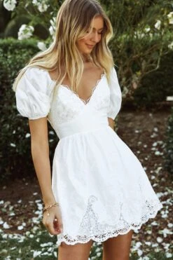 Lovers Lane Lace Trim Puff Sleeve Dress White -Trend Whisper ST2778D WHITE 5