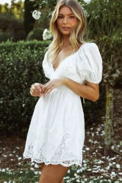 Lovers Lane Lace Trim Puff Sleeve Dress White -Trend Whisper ST2778D WHITE 6
