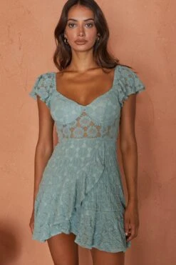 Secret Crush Flutter Sleeve Floral Lace Ruffle Hem Dress Mint -Trend Whisper ST2992D02 20MINT 6