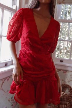 Cherry Blossom Puff Sleeve Wide Ruffle Hem Dress Red -Trend Whisper ST3028D 20RED 4