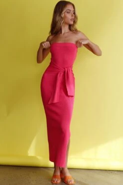 Told You So Strapless Waist Tie Knit Maxi Dress Hot Pink -Trend Whisper ST3083B05 20HOT 20PINK 6