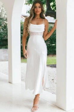 Golden Era Cowl Neck Lace Waist Midi Dress White -Trend Whisper ST3125B01 WHITE 2