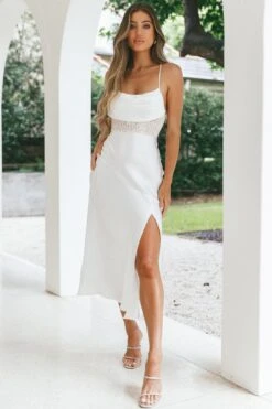 Golden Era Cowl Neck Lace Waist Midi Dress White -Trend Whisper ST3125B01 WHITE 5