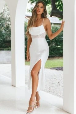 Golden Era Cowl Neck Lace Waist Midi Dress White -Trend Whisper ST3125B01 WHITE 6