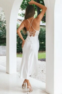 Golden Era Cowl Neck Lace Waist Midi Dress White -Trend Whisper ST3125B01 WHITE 7