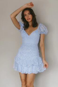 Annabella Puff Sleeve Tied Back Lace Dress Blue 11 Annabella Puff Sleeve Tied Back Lace Dress Blue -Trend Whisper ST3152D02 20BLUE 6