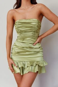 Annabella Strapless Tied Back Frill Hem Mini Dress Olive -Trend Whisper ST3152D03 20OLIVE 4