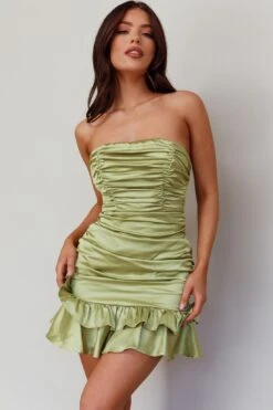 Annabella Strapless Tied Back Frill Hem Mini Dress Olive -Trend Whisper ST3152D03 20OLIVE 5
