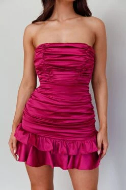 Annabella Strapless Tied Back Frill Hem Mini Dress Plum -Trend Whisper ST3152D03 20PLUM 4