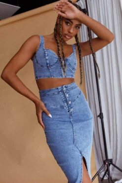 Trina Button Front Midi Skirt Blue -Trend Whisper ST3159D S 20BLUE 4