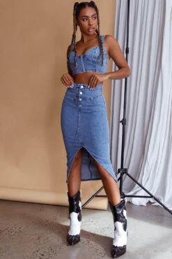 Trina Button Front Midi Skirt Blue -Trend Whisper ST3159D S 20BLUE 8