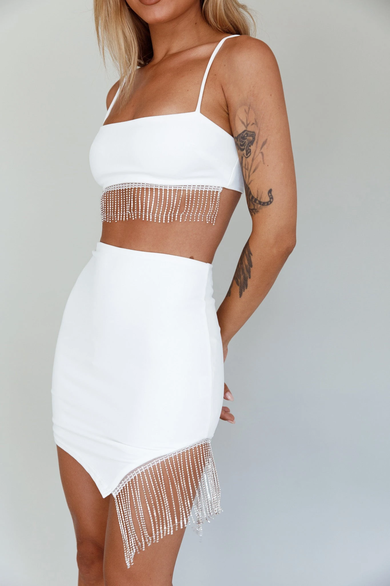 Call On Me Diamante Fringe Mini Skirt White 4 Call On Me Diamante Fringe Mini Skirt White - Image 4