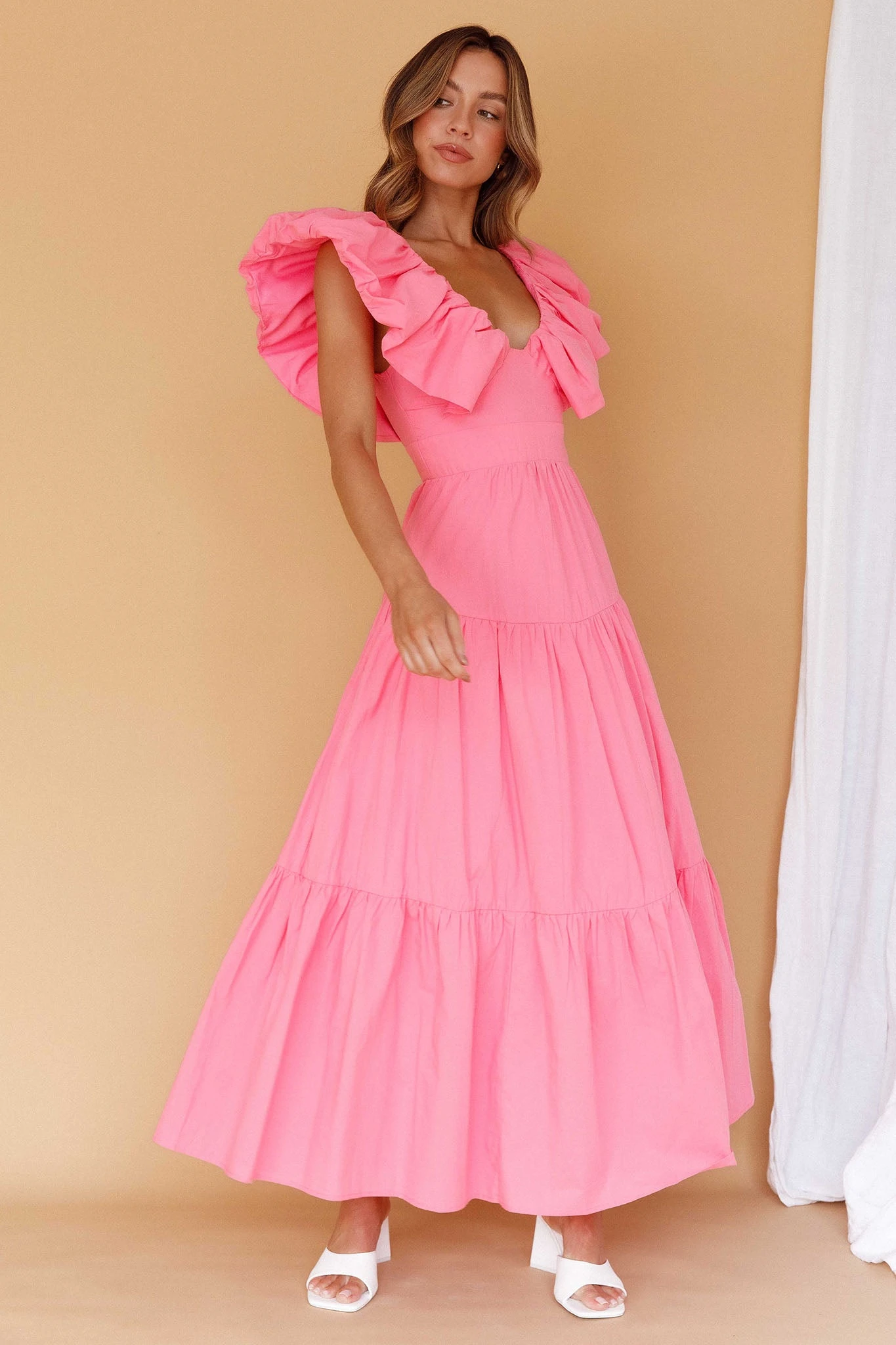 Kahlo Puffed Ruffle Neckline Maxi Dress Soft Pink 5 Kahlo Puffed Ruffle Neckline Maxi Dress Soft Pink - Image 5