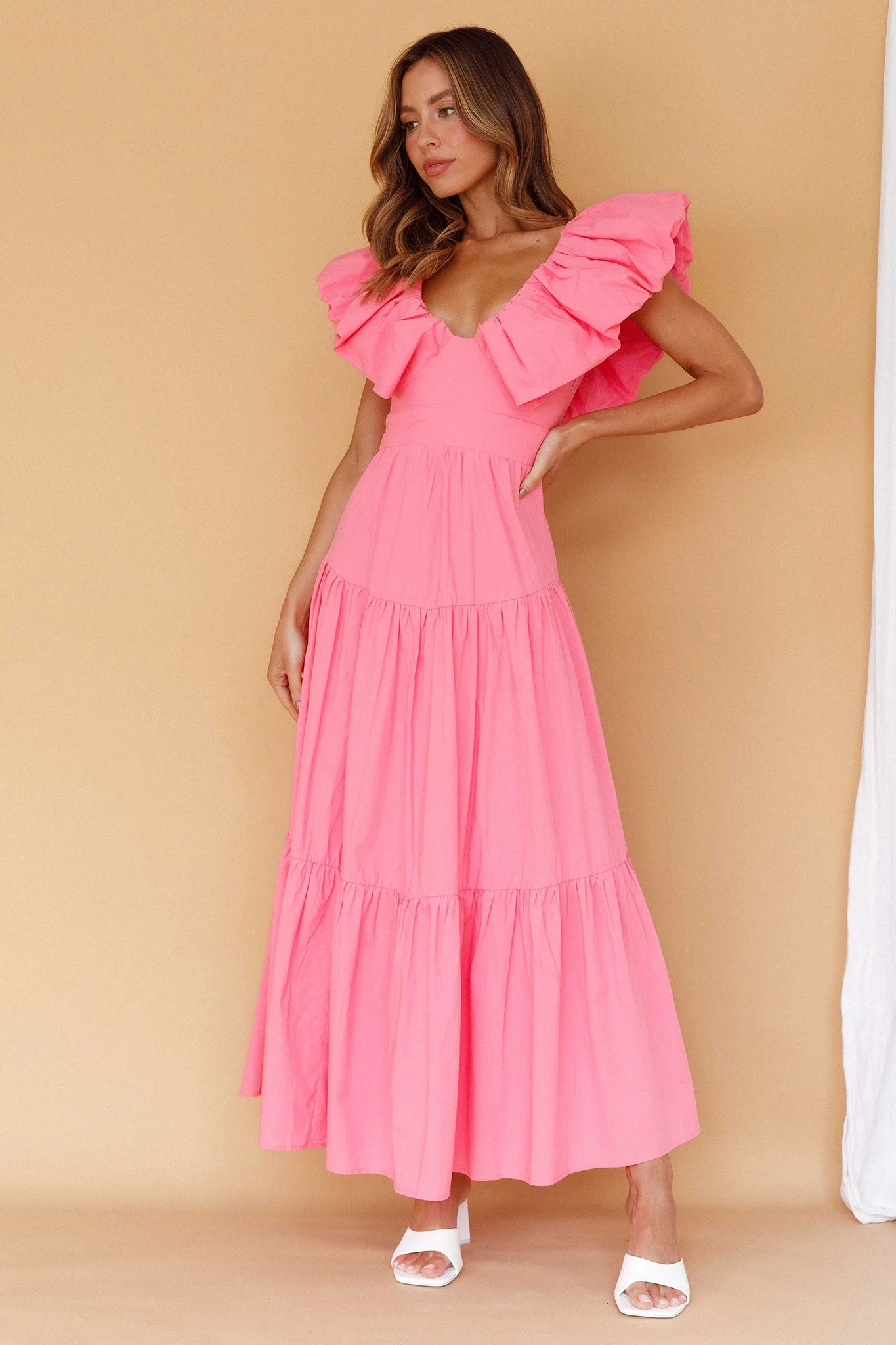 Kahlo Puffed Ruffle Neckline Maxi Dress Soft Pink 8 Kahlo Puffed Ruffle Neckline Maxi Dress Soft Pink - Image 8