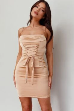 Bellini Lace-Up Front Mini Dress Beige -Trend Whisper ST3783D 20FLESH 6