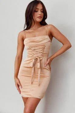Bellini Lace-Up Front Mini Dress Beige -Trend Whisper ST3783D 20FLESH 7
