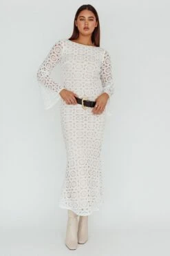 Kasia Long Sleeve Crochet Maxi Dress White -Trend Whisper ST3942D 20WHITE 6