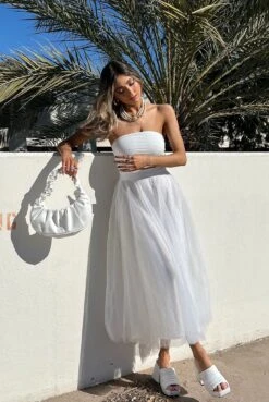 Jasmine Organza Mesh Elasticated Waist Midi Skirt White -Trend Whisper SUNSHINEJILL14491B01WHITE