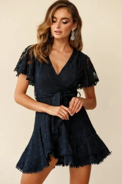 Cami Angel Sleeve Faux Wrap Dress Navy Lace -Trend Whisper st1371b04 navy 190731sl 1422