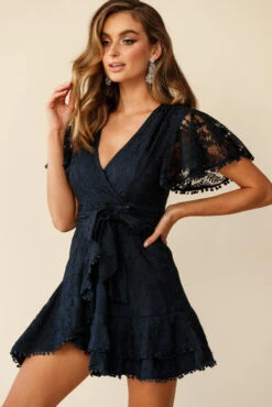 Cami Angel Sleeve Faux Wrap Dress Navy Lace -Trend Whisper st1371b04 navy 190731sl 1424