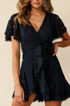 Cami Angel Sleeve Faux Wrap Dress Navy Lace -Trend Whisper st1371b04 navy 190731sl 1426