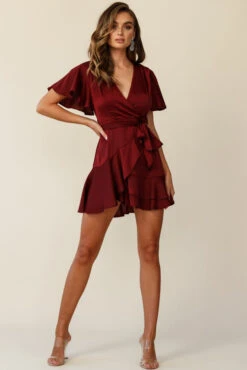 Cami Angel Sleeve Faux Wrap Dress Wine -Trend Whisper st1371b wine 190731sl 0831
