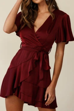 Cami Angel Sleeve Faux Wrap Dress Wine -Trend Whisper st1371b wine 190731sl 0840