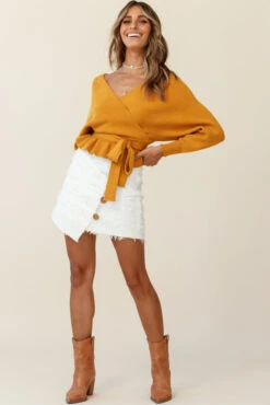 Venetian Faux Placket Frayed Wrap Mini Skirt White -Trend Whisper st1740d white 27129b mustard 190903sl0281 1