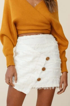 Venetian Faux Placket Frayed Wrap Mini Skirt White -Trend Whisper st1740d white 27129b mustard 190903sl0296 1
